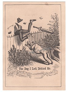 Comical stock card of man leaping over fence to leave dog behind.